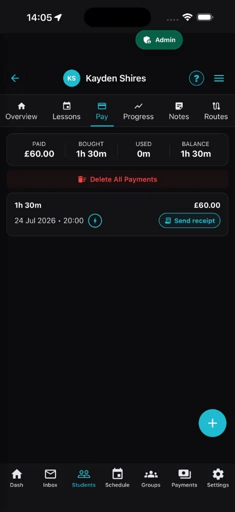 LessonBuddy pupil credit balance and payment history