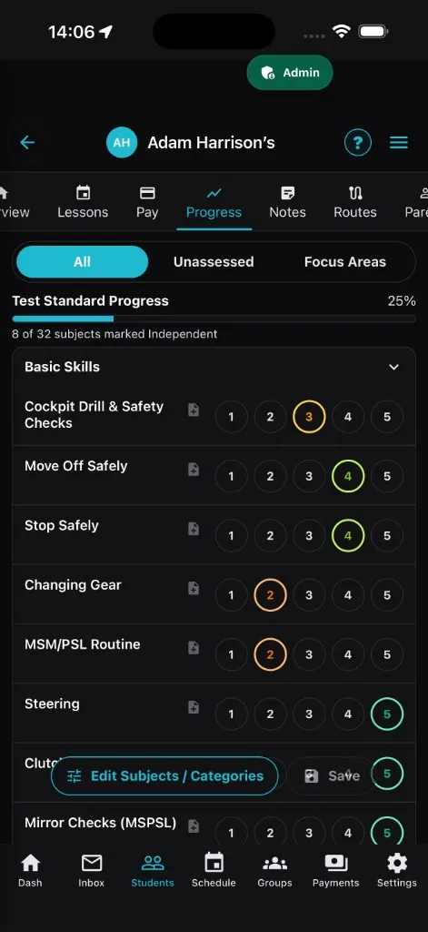LessonBuddy pupil progress matrix for trainee driving instructors