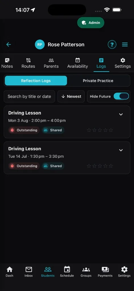 Driving lesson reflection logs in LessonBuddy