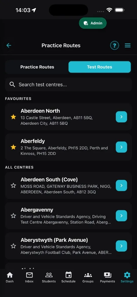 LessonBuddy test-centre browser with favourite centres
