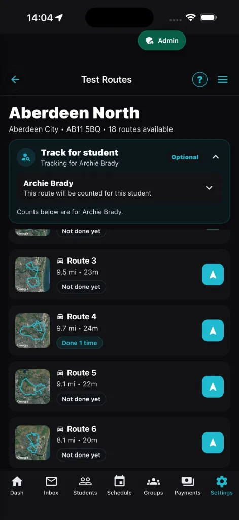LessonBuddy test-centre routes with pupil tracking and route navigation
