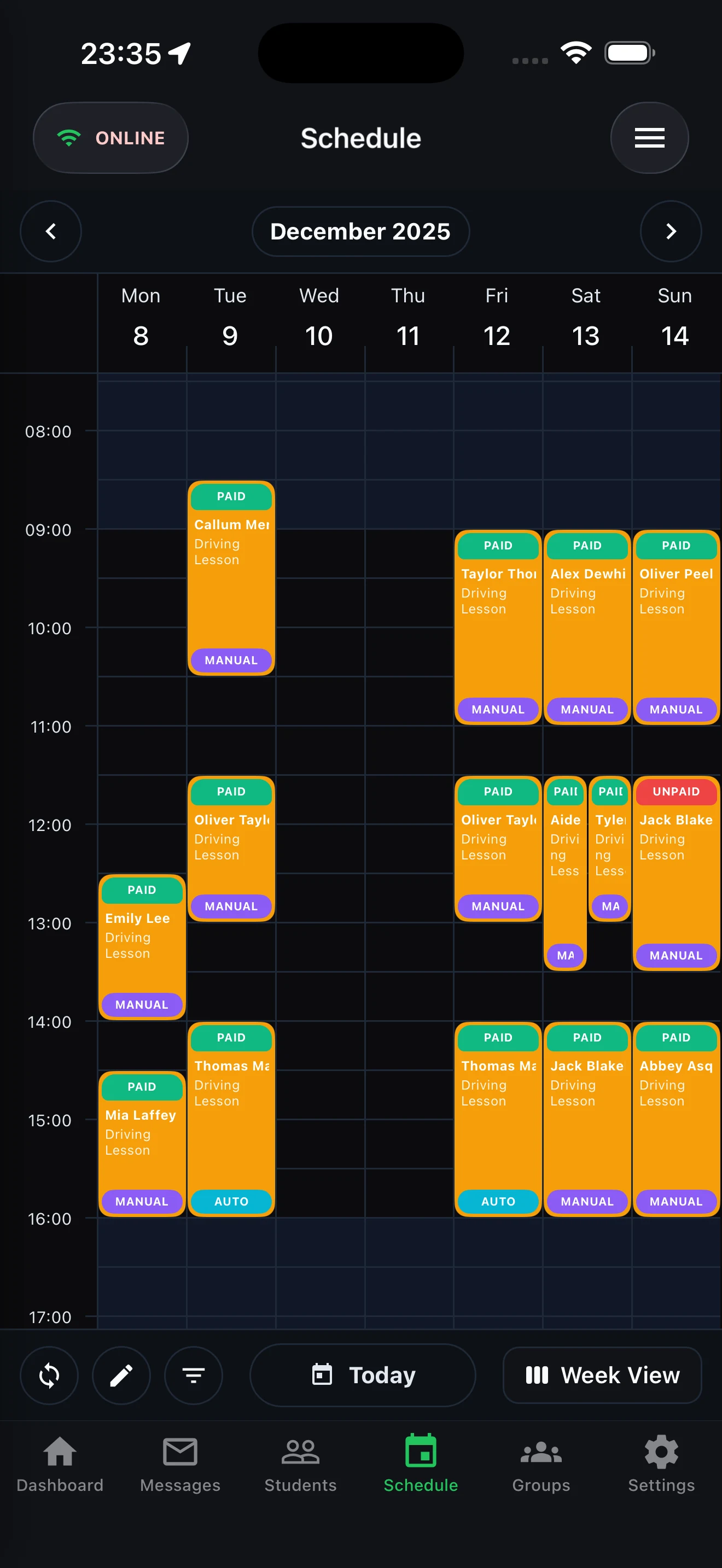 LessonBuddy driving instructor schedule within a school
