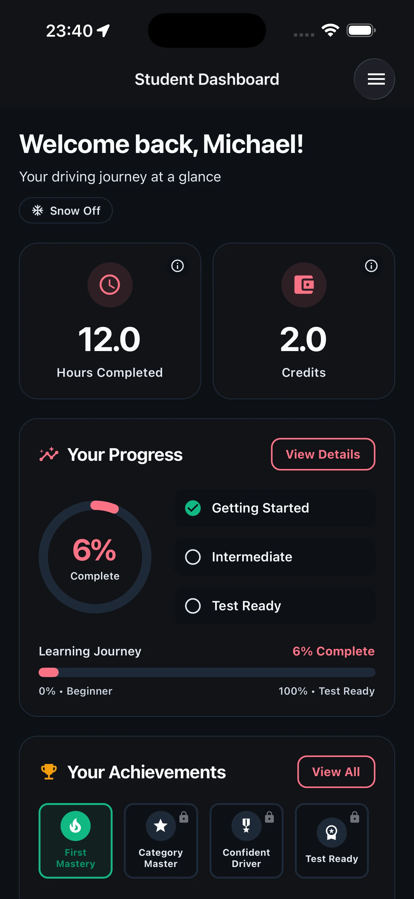 LessonBuddy pupil dashboard included with a driving school